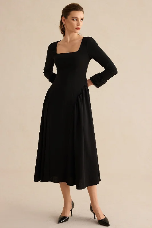Seasonal Sale – Shop Now!Faux Fur Patchwork Long Sleeve Midi Dress