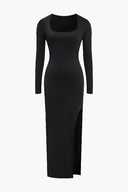 Your Dream Deal is Here!Solid High Slit Square Neck Midi Dress