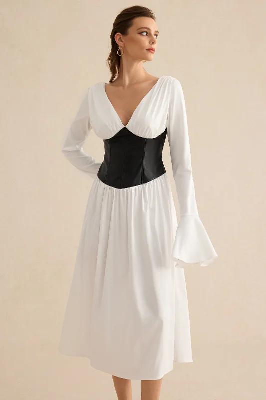 Stock Up and Save!Faux Leather Patchwork Ruched Long Sleeve Midi Dress