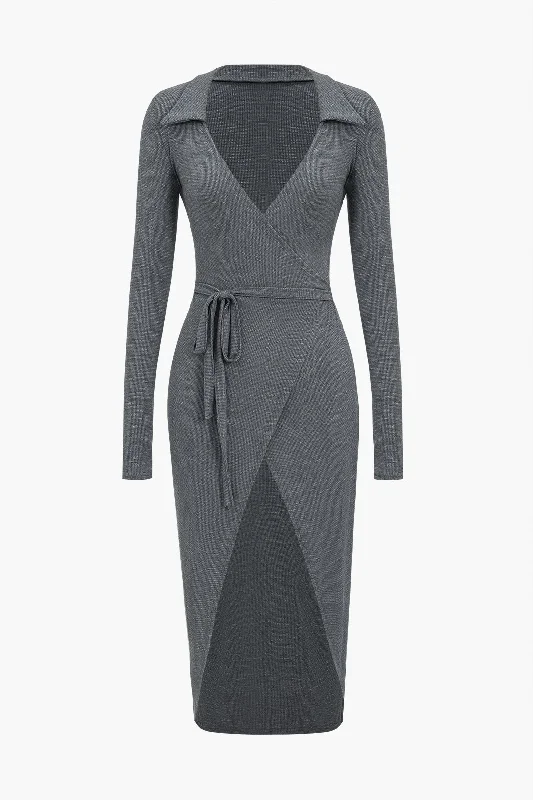 Get More for Less!Solid Tie Front Long Sleeve Midi Dress