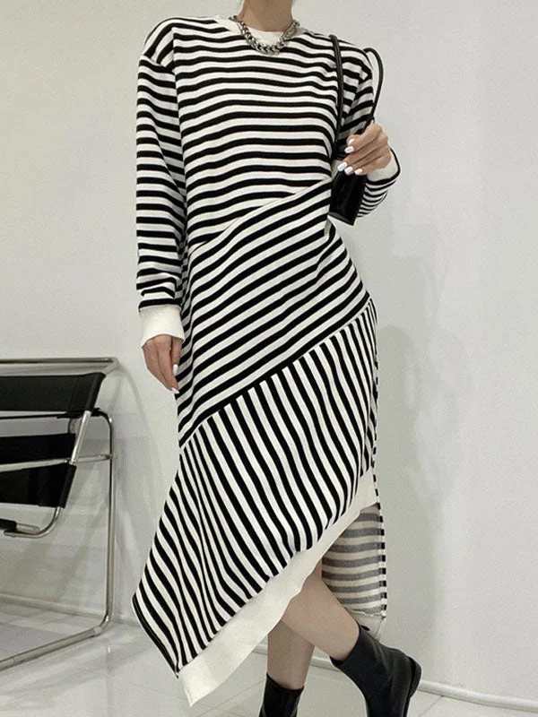 Limited Stock Available!Irregular Split Long Sleeve Striped Maxi Dress
