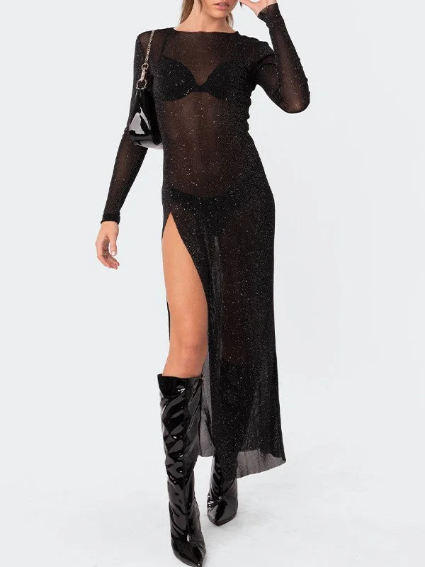 Hurry! While Supplies Last!Glitter Mesh Split Long Sleeve Maxi Dress