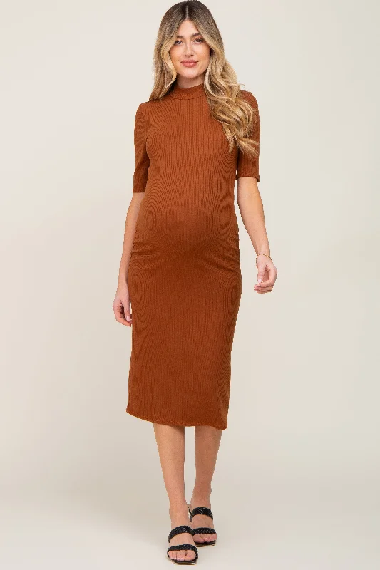 Amazing Prices You Can’t Resist!Mocha Ribbed Mock Neck Maternity Midi Dress