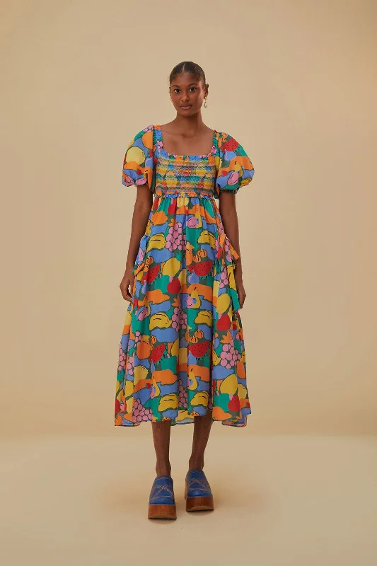 Get More for Less!Multicolor Fruit Landscape Short Sleeve Midi Dress