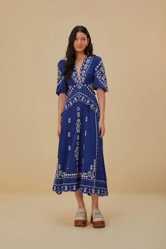 Upgrade for Less!Navy Blue Embroidered Cut-Out Midi Dress