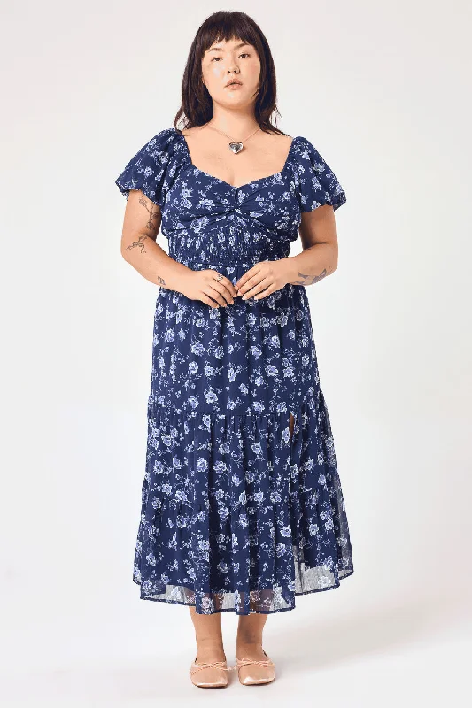 Shop Before It’s Gone!Navy Floral Puff Sleeve Twist Midi Dress