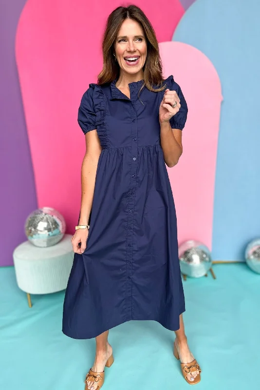 Bigger Savings, Better Shopping!Navy Poplin Button Up Ruffle Puff Sleeve Dress