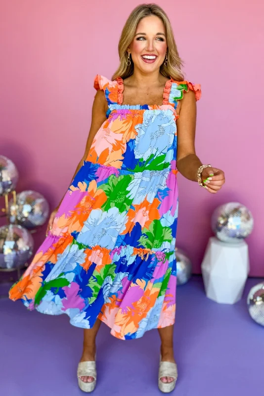 Every Deal is a Steal!Orange Multi Floral Print Flutter Elastic Shoulder Midi Dress