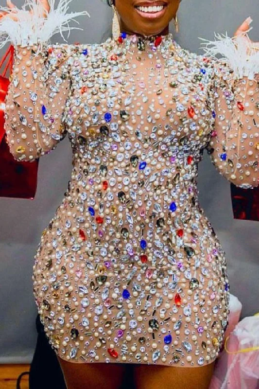 Bigger Savings, Better Shopping!Patchwork Glamorous Feather Rhinestones Mini Dress