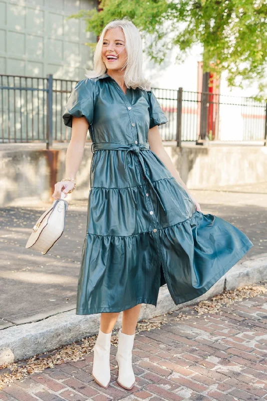 Get Ready to Save!Pinch: More For You Hunter Green Faux Leather Midi Dress