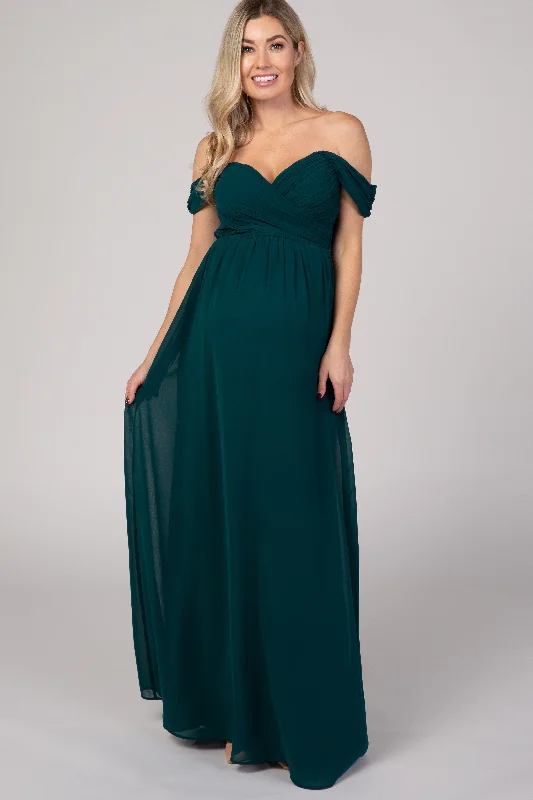 Shop Now and Save!PinkBlush Forest Green Off Shoulder Chiffon Maxi Maternity Dress