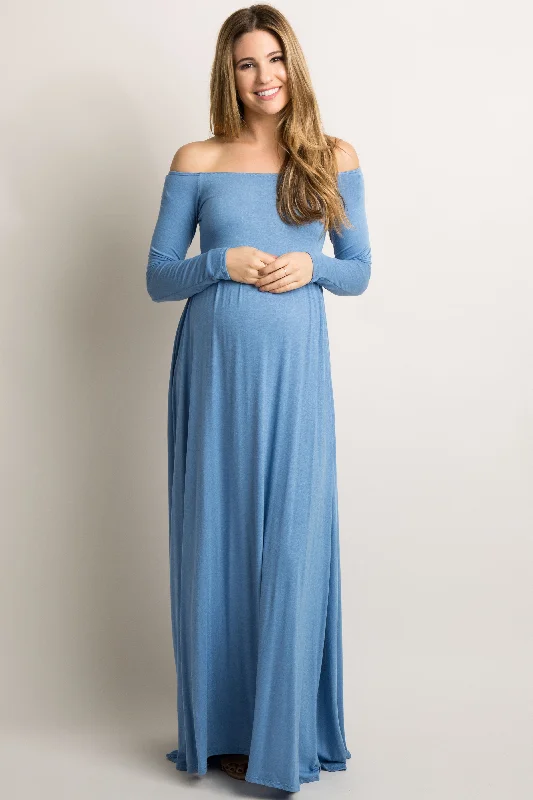 Unlock Huge Savings Now!PinkBlush Petite Blue Solid Off Shoulder Maternity Maxi Dress