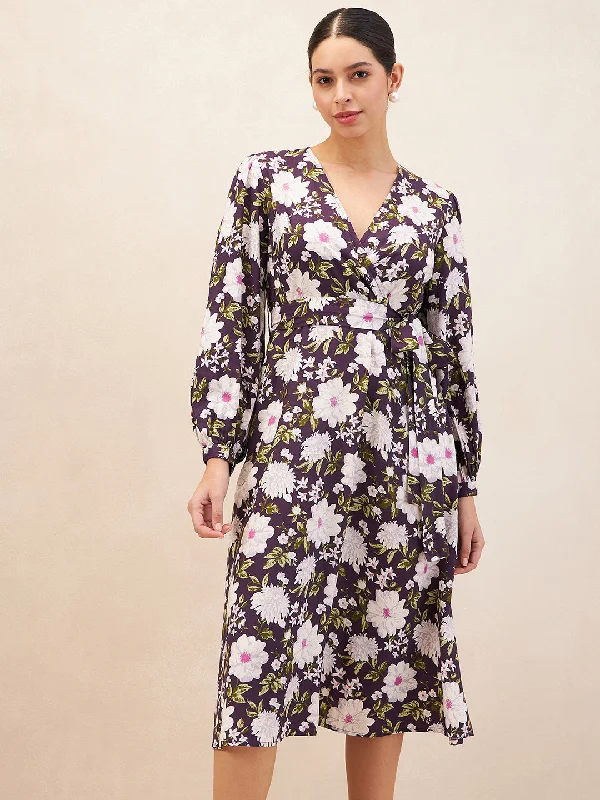 Find Your Perfect Deal Today!Purple Floral Printed Wrap Midi Dress