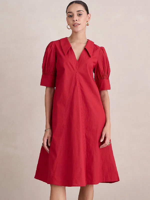 Don't Miss Out!Red Cotton Poplin V-Neck Midi Dress