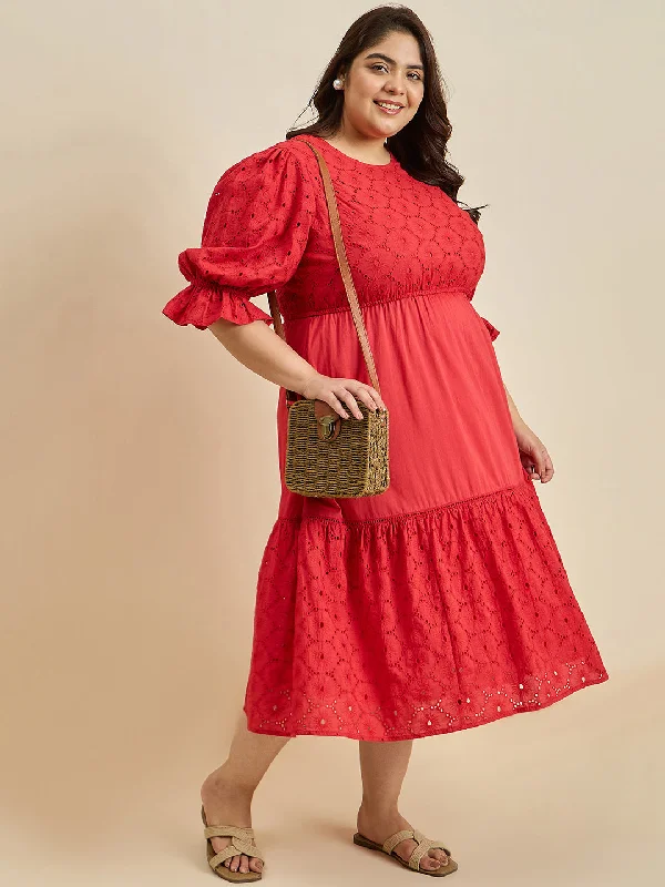 Your Chance to Save is Now!Red Cotton Schiffli Tiered Midi Dress