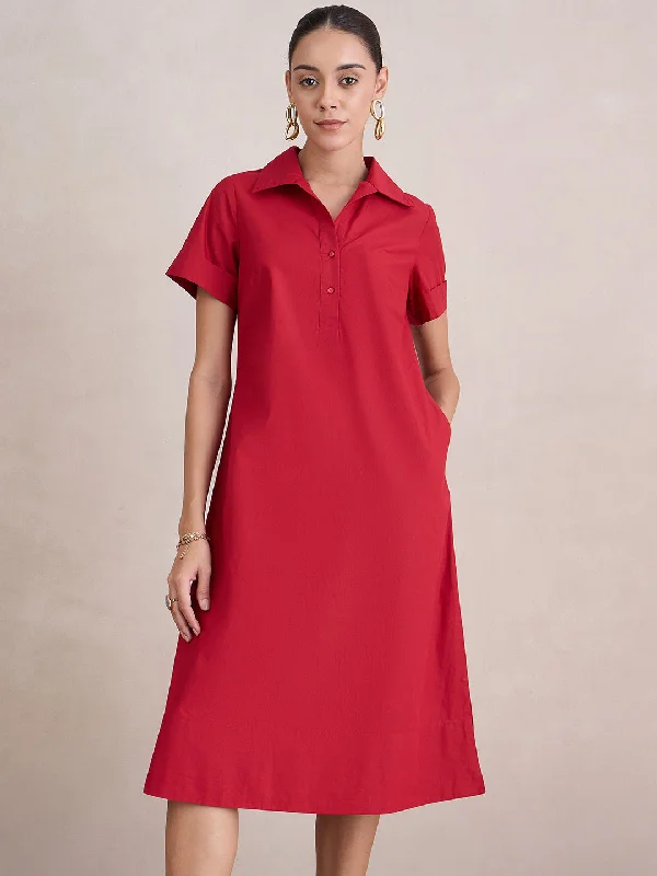Score Big Savings Today!Red Poplin Button Down Midi Dress