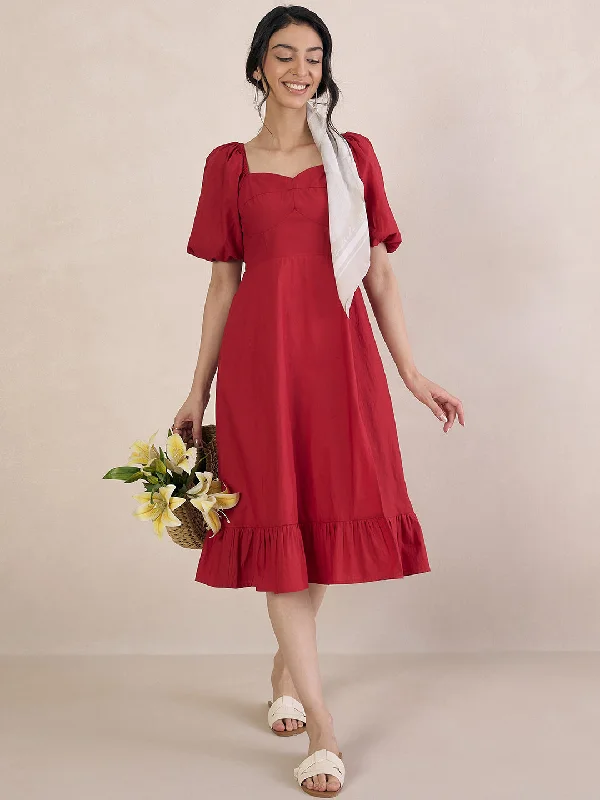 Your Favorite Items on Sale Now!Red Poplin Sweetheart Neck Midi Dress