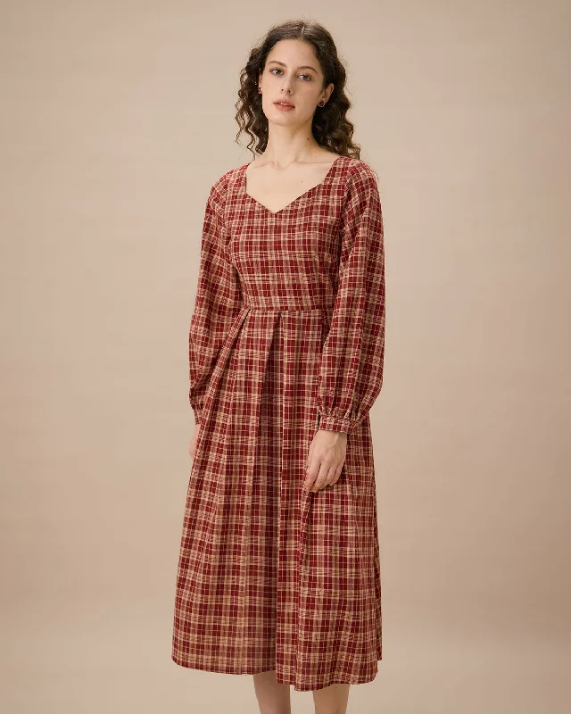 Hottest Discounts of the Year!Red Sweetheart Neck Plaid Midi Dress