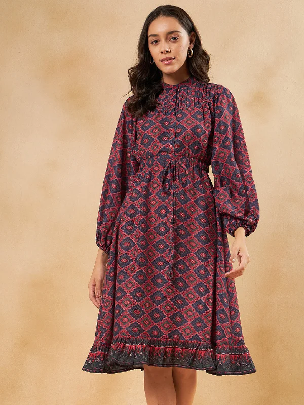 Limited Deals, Unlimited Savings!Red Tile Printed Elasticated Midi Dres