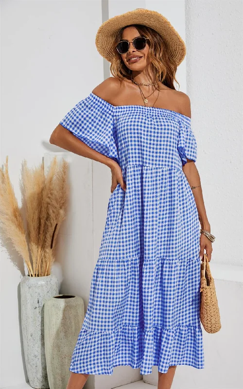 Every Deal is a Steal!Relaxed Off Shoulder Bardot Frill Midi Dress In Blue