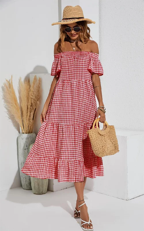 Your Discount is Waiting!Relaxed Off Shoulder Bardot Frill Midi Dress In Red