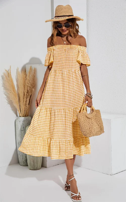 Your Shopping Wish, Our Discount Command!Relaxed Off Shoulder Bardot Frill Midi Dress In Yellow