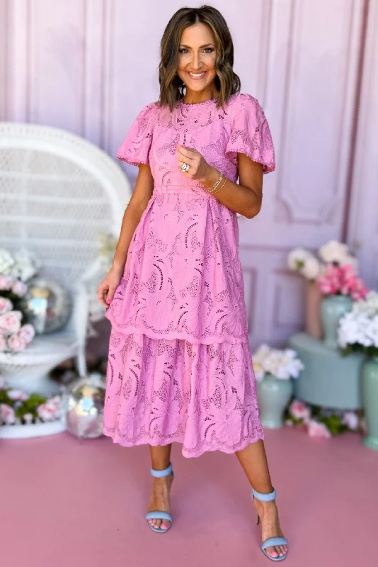 Massive Price Cuts!Rose Lace Eyelet Detail Short Sleeve Midi Dress