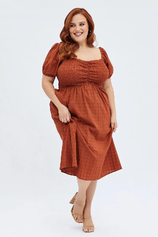 Get More, Spend Less – Shop Now!Rust Midi Dress Textured Puff Sleeve