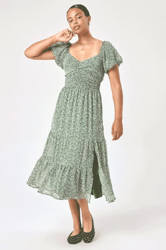 Your Shopping Wish, Our Discount Command!Sage Floral Puff Sleeve Twist Midi Dress