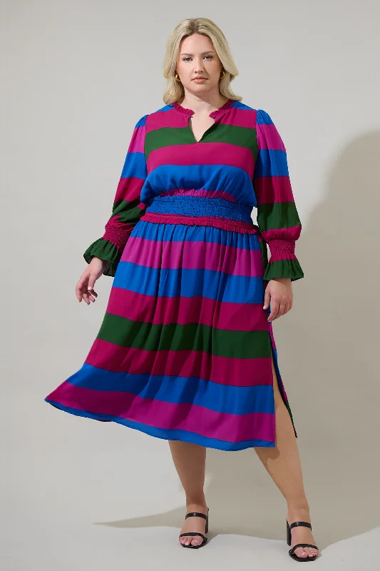 Limited Time Offer!Saige Striped Ria Smocked Midi Dress Curve