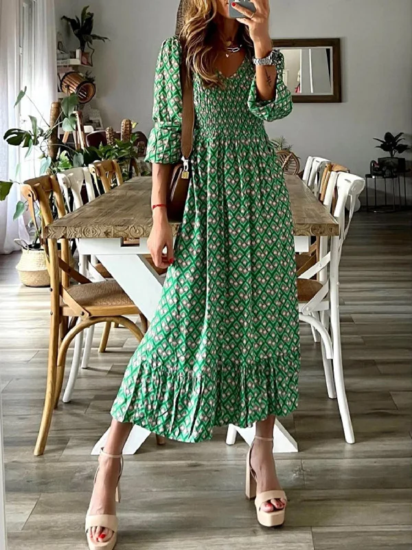 Exclusive Savings This Week!Smocked Printed V-Neck Midi Dress