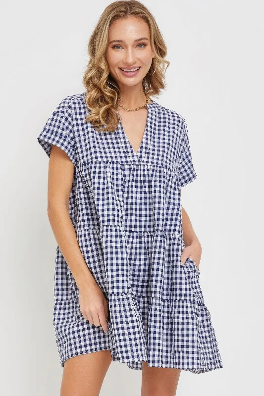 Save More Than Ever!Hot Girl Cotton Blend Bodydoll Gingham Mini Dress In Navy