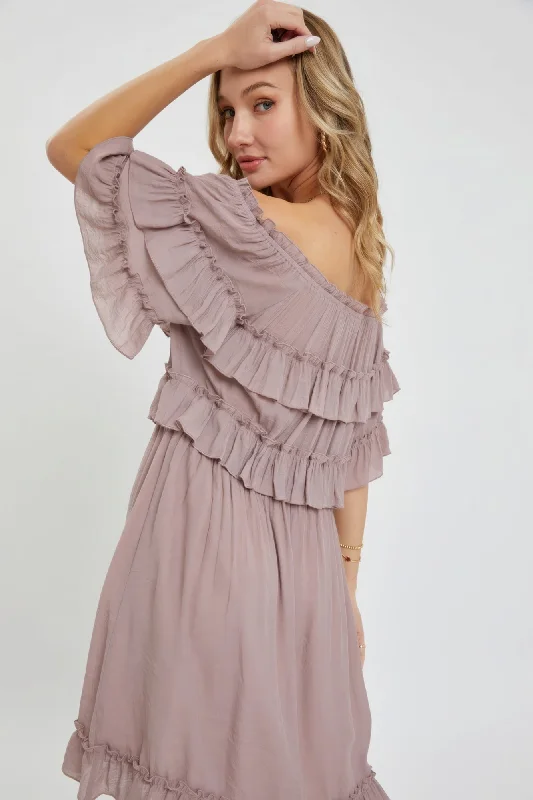 Shop Before It’s Gone!Hot Girl Off Shoulder Boho Ruffle Mini Dress In Mystic Mauve