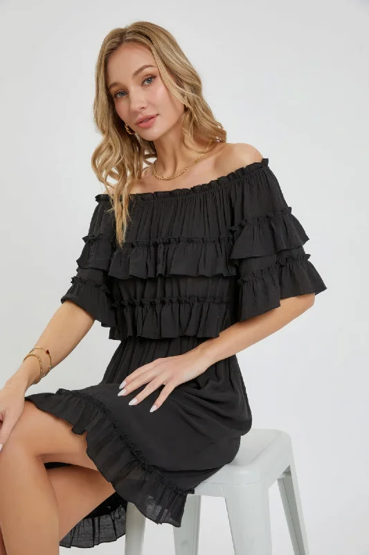 New Discounts Just Dropped!Hot Girl Off Shoulder Boho Ruffle Mini Dress In Bliss Black