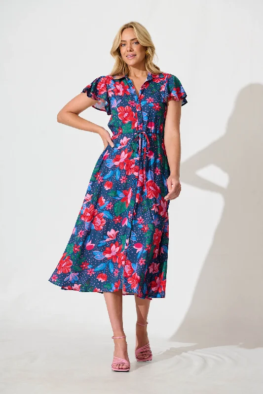 Must-Have Deals Inside!Sweet Lover Midi Dress in Navy with Red Floral