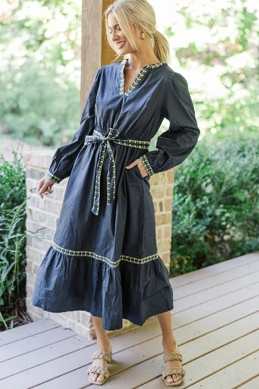 Don’t Wait – Deals Won’t Last!Take The Day Navy Blue Embroidered Midi Dress