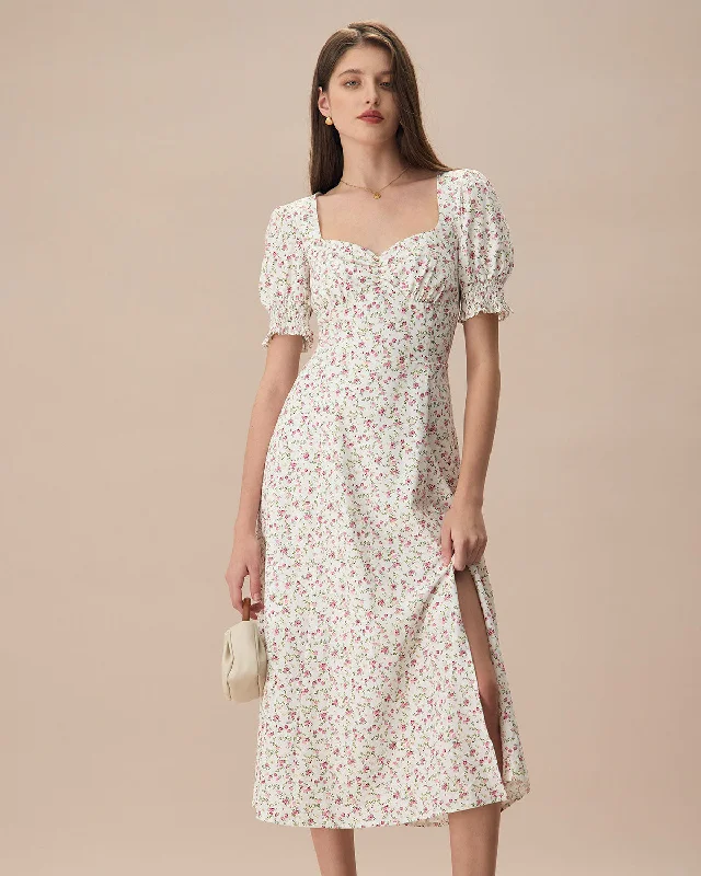 Find the Best Deals Here!The Beige Sweetheart Neck Puff Sleeve Floral Midi Dress