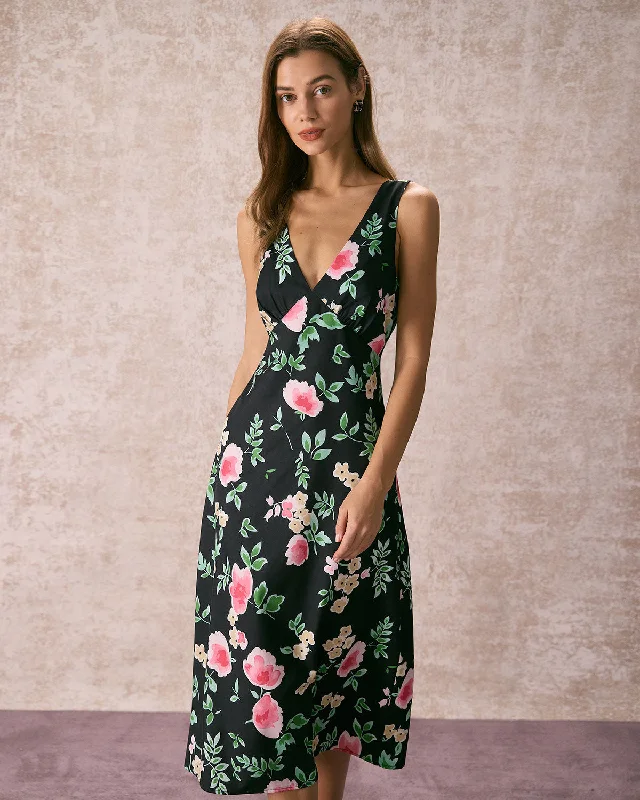 Hurry, Sale Ends Soon!The Black V Neck Tie Back Floral Midi Dress