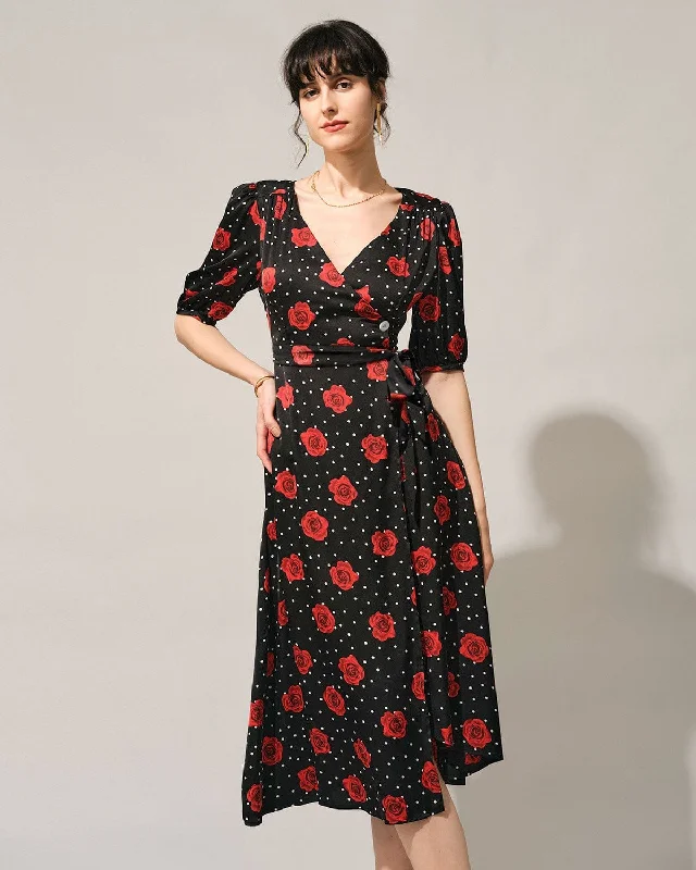 Shop Smart, Save Big!The V Neck Puff Sleeve Floral Wrap Midi Dress