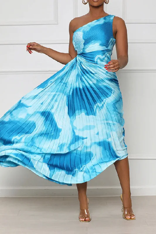 Flash Deals – Act Quickly!Tie Dye Striking One Shoulder Pleated Irregular Maxi Dress