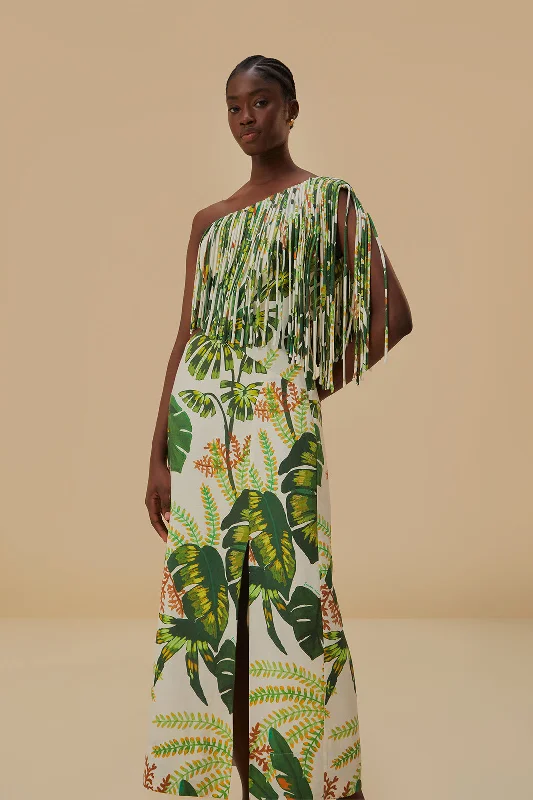 Score Huge Discounts Today!Tropical Forest Off-White Fringed Midi Dress