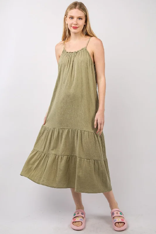 Your Shopping Spree Starts Here!Hot Girl Ruffled A-Line Cami Midi Dress In Earth Green