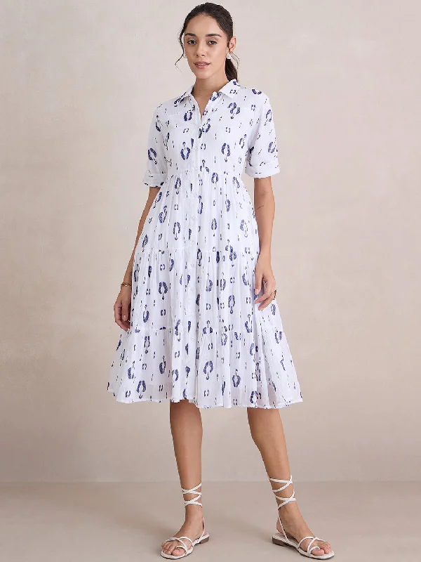 Only a Few Left – Order Now!White And Blue Abstract Print Button Down Midi Dress