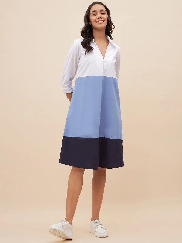 New Discounts Just Dropped!White And Blue Colorblock  Midi Dress