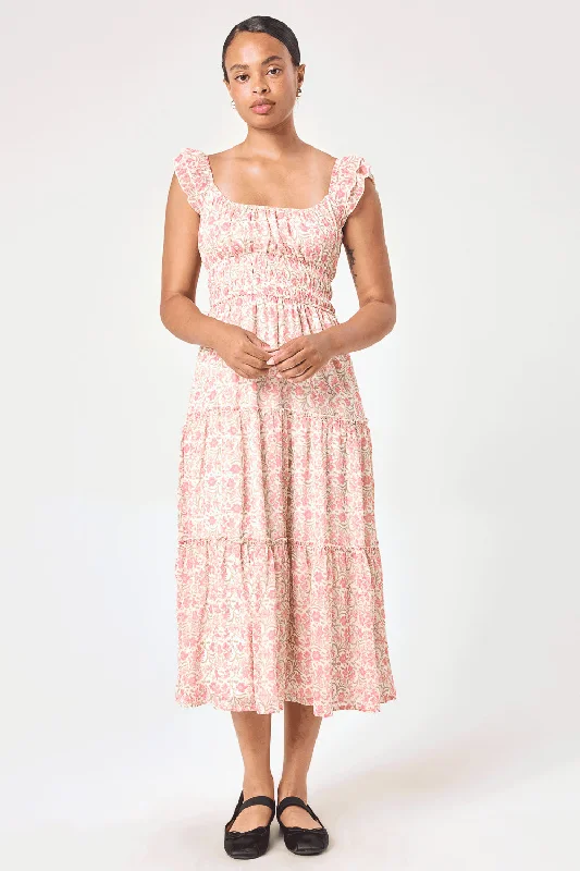 The Best Sale of the Year!White Pink Floral Flutter Sleeve Midi Dress