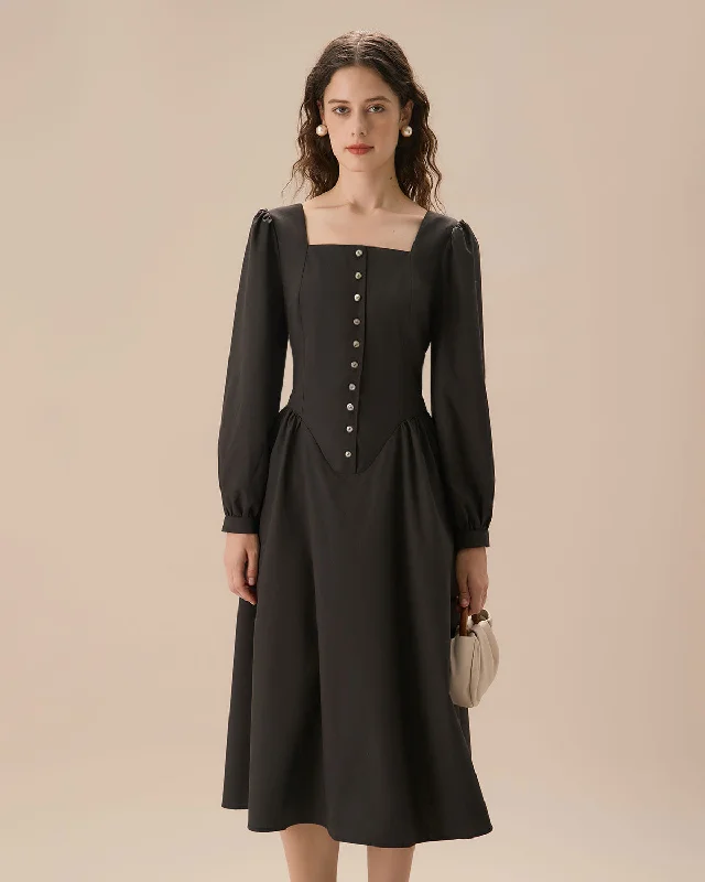 Everything Must Go!Black Square Neck Puffed Sleeve Midi Dress