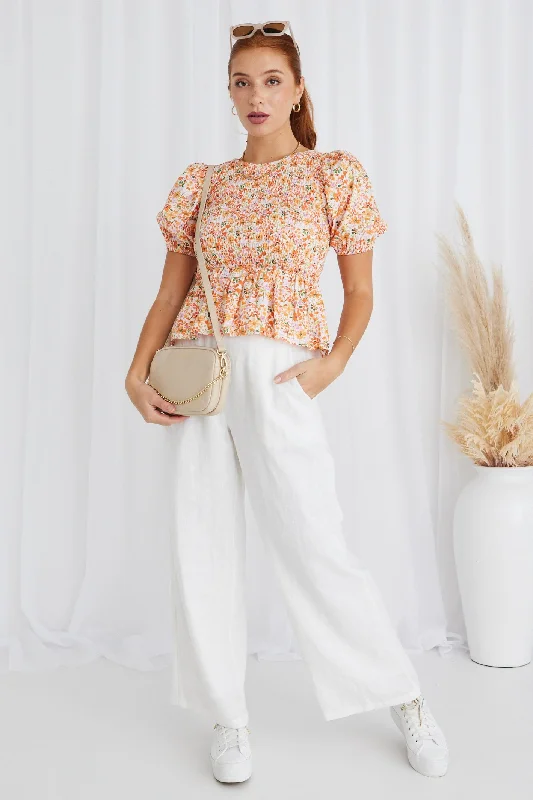 Shop Smart, Save Big!Beholden Orange Wild Floral Shirred Bodice Ss Top