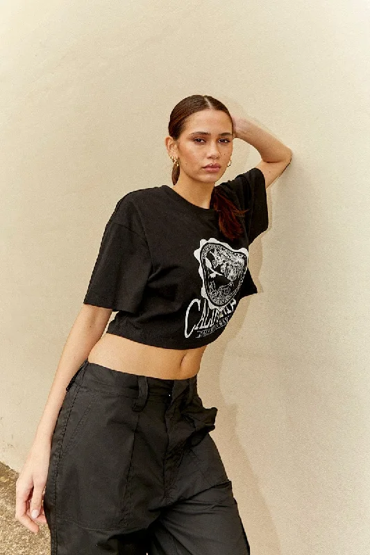 Massive Price Cuts!Black Crew Cropped Graphic T-Shirt