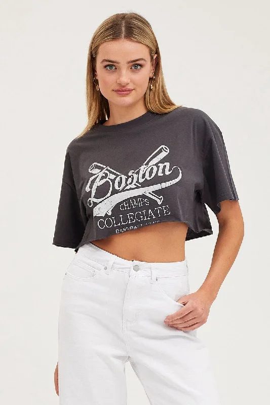 Your Shopping Wish, Our Discount Command!Black Graphic T Shirt Short Sleeve Crop Crew Neck