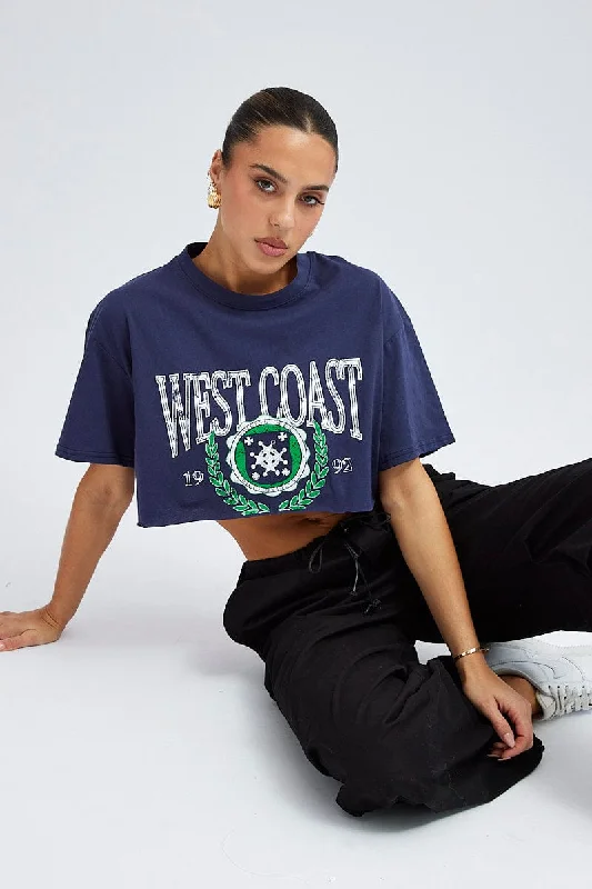 Find the Best Deals Here!Blue Print Graphic Tee Crop Relaxed Varsity Slogan T-shirt